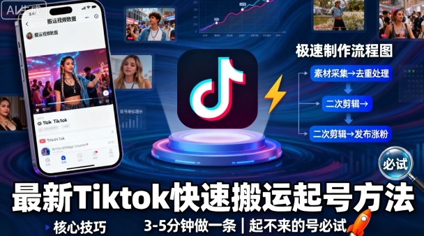 最新Tiktok快速搬运快速起号方法，3-5分钟做一条，起不来的号可以试试-星火轻创