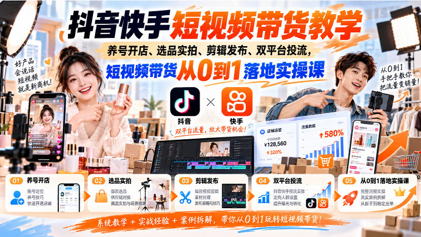 抖音快手短视频带货教学｜养号开店、选品实拍、剪辑发布、双平台投流，短视频带货从0到1落地实操课-星火轻创