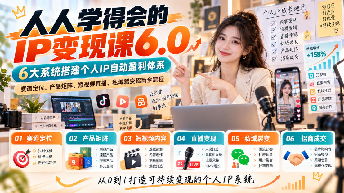 人人学得会的IP变现课6.0，6大系统搭建个人IP自动盈利体系，赛道定位、产品矩阵、短视频直播、私域裂变招商全流程-星火轻创