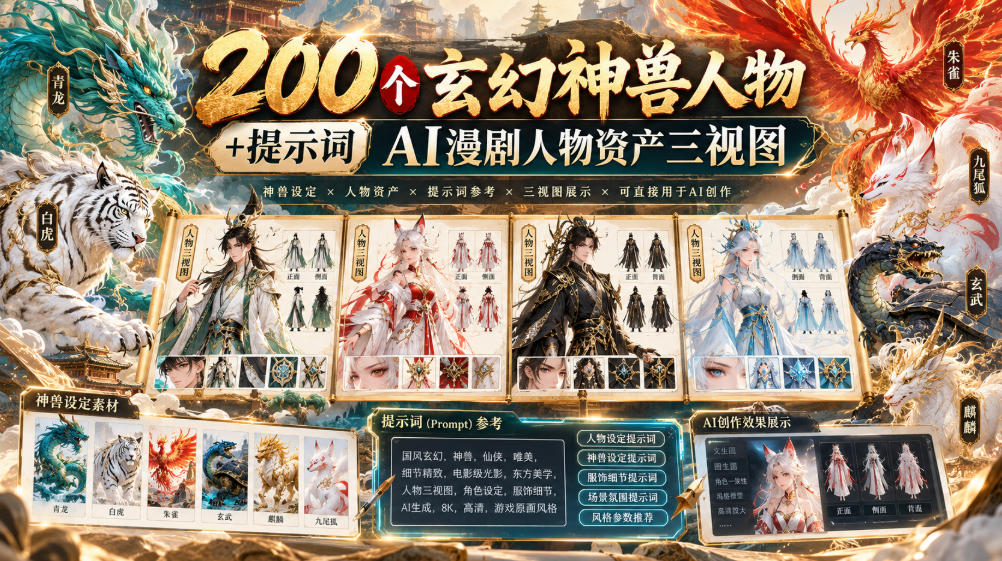 200个玄幻神兽人物+提示词ai漫剧人物资产三视图-星火轻创