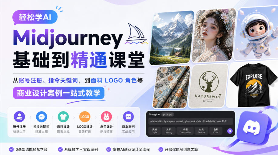 轻松学AI Midjourney基础到精通课堂，从账号注册、指令关键词，到面料LOGO角色等商业设计案例一站式教学-星火轻创