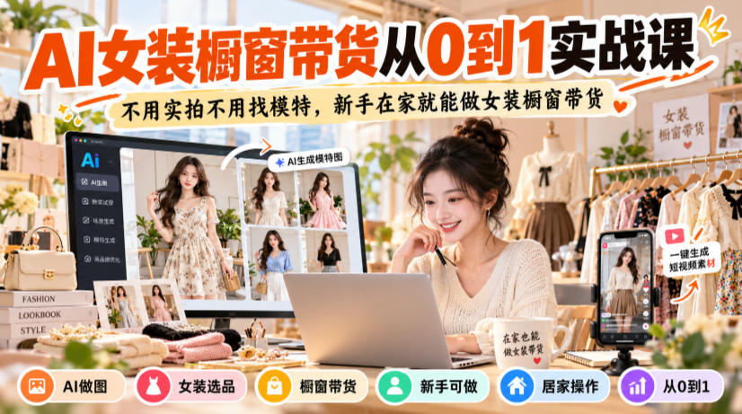 AI女装橱窗带货从0到1实战课，不用实拍不用找模特，新手在家就能做女装橱窗带货-星火轻创