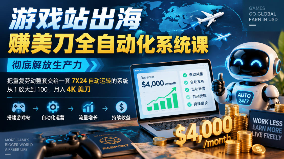 游戏站出海賺美刀全自动化系统课，彻底解放生产力–把重复劳动整套交给一套7X24自动运转的系统，从1放大到100，月入4K美刀-星火轻创