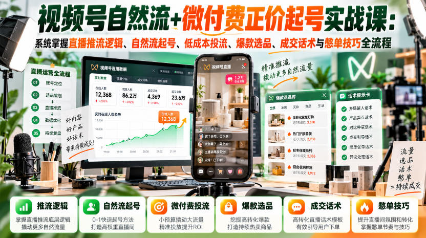 视频号自然流+微付费正价起号实战课：系统掌握直播推流逻辑、自然流起号、低成本投流、爆款选品、成交话术与憋单技巧全流程-星火轻创