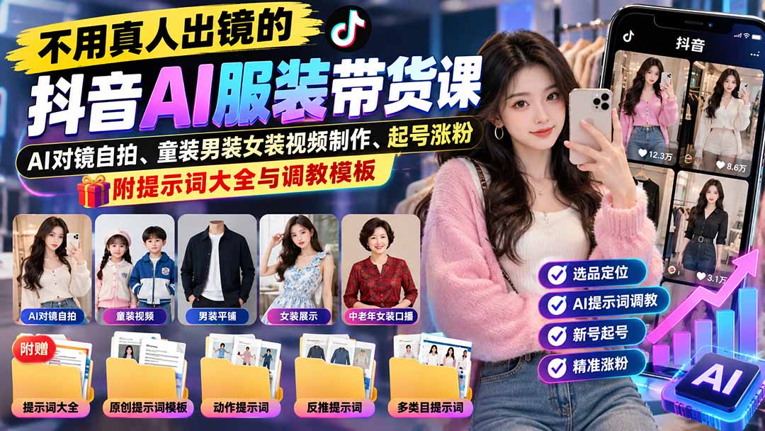 不用真人出镜的抖音AI服装带货课：AI对镜自拍、童装男装女装视频制作、起号涨粉，附提示词大全与调教模板-星火轻创