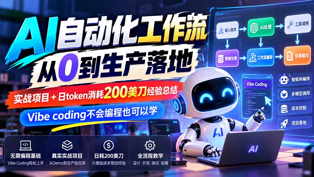 【无水印】AI自动化工作流从0到生产落地，实战项目+日token消耗200美刀经验总结，Vibe coding不会编程也可以学-星火轻创