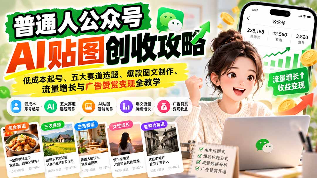 普通人公众号AI贴图创收攻略：低成本起号、五大赛道选题、爆款图文制作、流量增长与广告赞赏变现全教学-星火轻创