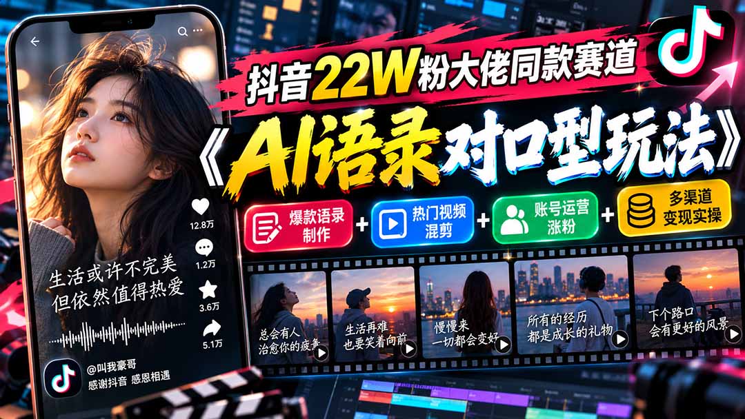 抖音22W粉大佬同款赛道《AI语录对口型玩法》：爆款语录制作+热门视频混剪+账号运营涨粉+多渠道变现实操-星火轻创