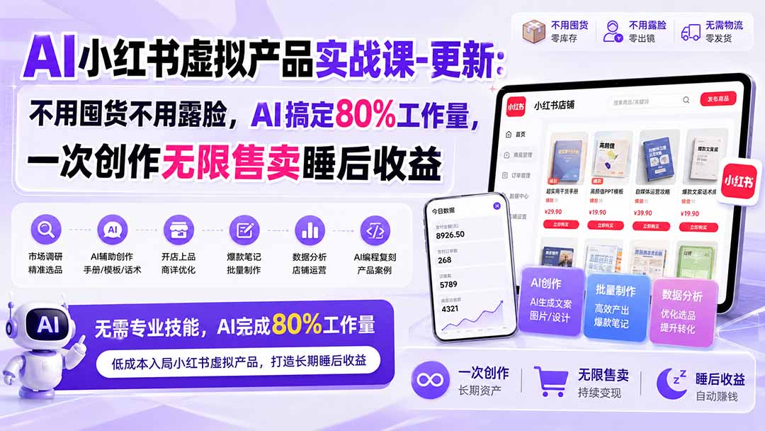 AI小红书虚拟产品实战课-更新1017：不用囤货不用露脸，AI搞定80%工作量，一次创作无限售卖睡后收益-星火轻创