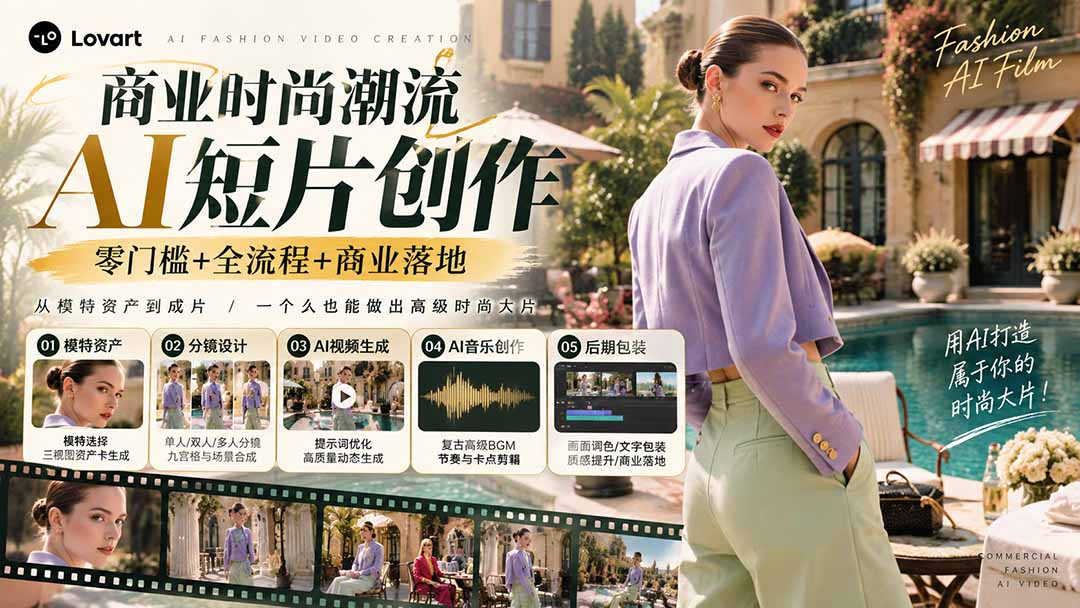 从一张模特图到高级时尚广告大片：AI三视图资产、场景合成、电影分镜、动态生成与复古音乐剪辑实战课-星火轻创