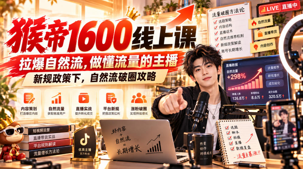 猴帝1600线上课，拉爆自然流，做懂流量的主播，新规政策下，自然流破圈攻略【更新261017】-星火轻创
