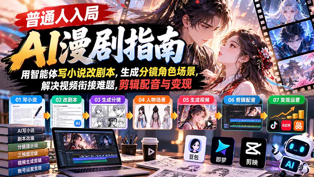 【无水印】普通人入局AI漫剧指南：用智能体写小说改剧本，生成分镜角色场景，解决视频衔接难题，剪辑配音与变现-星火轻创