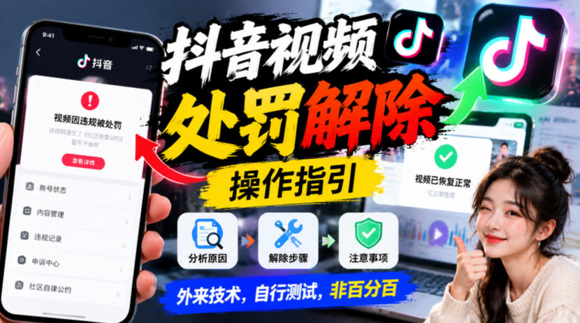 抖音视频处罚解除操作指引，外来技术，自行测试，非百分百-星火轻创