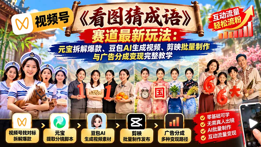 视频号《看图猜成语》赛道最新玩法：元宝拆解爆款、豆包AI生成视频、剪映批量制作与广告分成变现完整教学-星火轻创