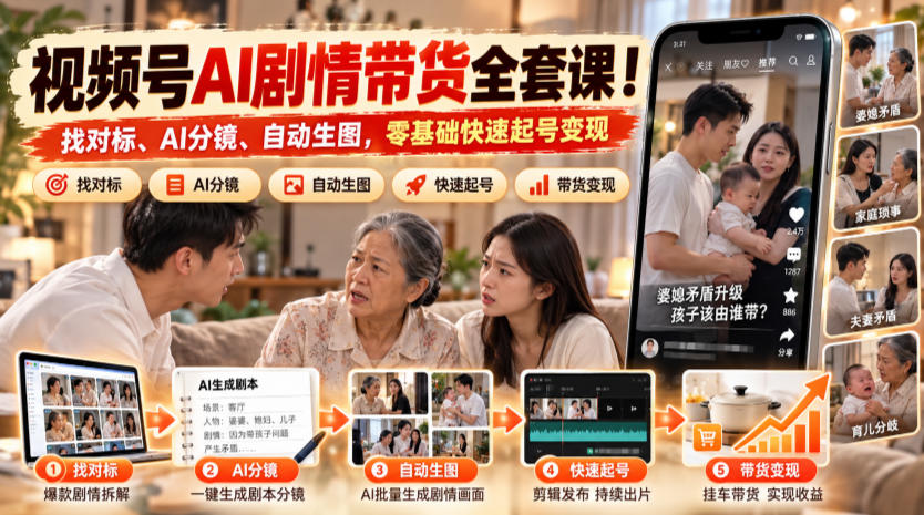视频号AI剧情带货全套课！找对标、AI分镜、自动生图，零基础快速起号变现-星火轻创
