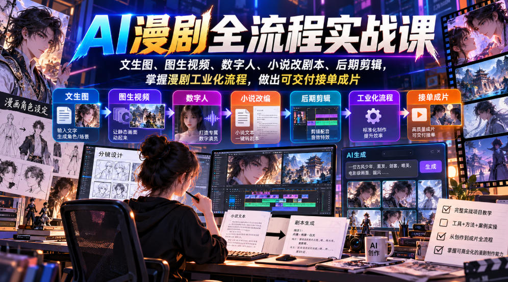 AI漫剧全流程实战课，文生图、图生视频、数字人、小说改剧本、后期剪辑，掌握漫剧工业化流程，做出可交付接单成片-星火轻创
