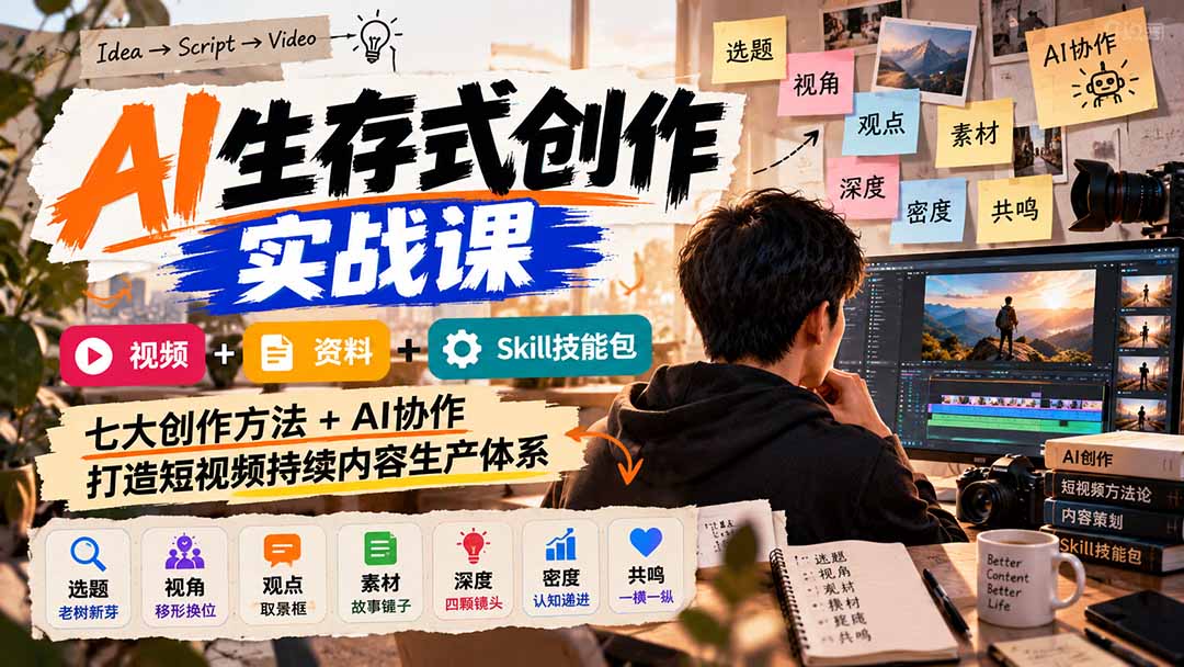 AI生存式创作实战课：视频+资料+Skill技能包，七大创作方法+AI协作，打造短视频持续内容生产体系-星火轻创
