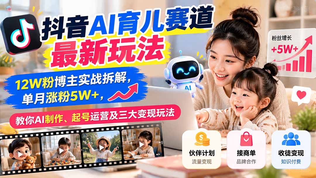 抖音AI育儿赛道最新玩法：12W粉博主实战拆解，单月涨粉5W+，教你AI制作、起号运营及三大变现玩法-星火轻创