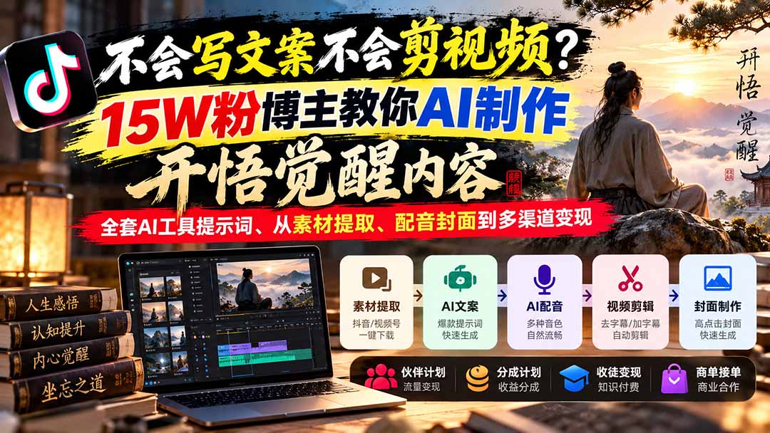 不会写文案不会剪视频？15W粉博主教你AI制作开悟觉醒内容，全套AI工具提示词、从素材提取、配音封面到多渠道变现-星火轻创
