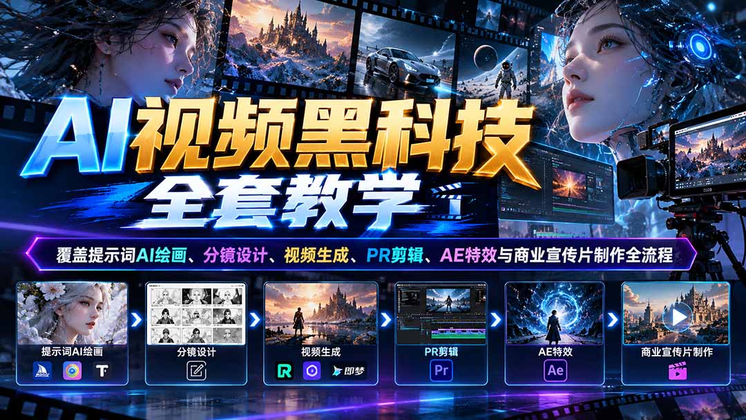 AI视频黑科技全套教学：覆盖提示词AI绘画、分镜设计、视频生成、PR剪辑、AE特效与商业宣传片制作全流程-星火轻创