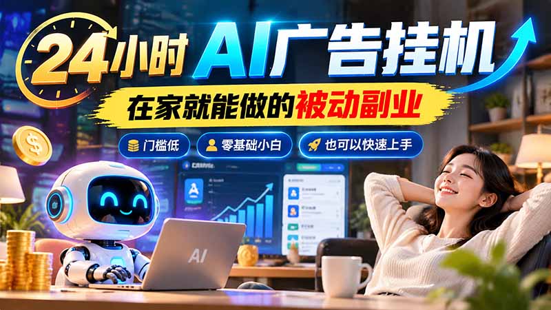 24小时AI广告挂机｜在家就能做的被动副业，门槛低，零基础小白也可以快速上手-星火轻创