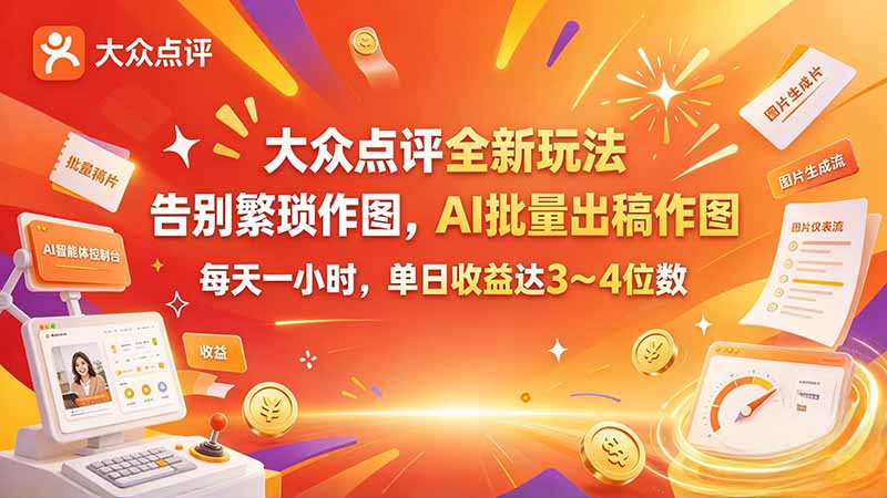 大众点评全新玩法，不用繁琐作图，AI 批量出稿作图，每天一小时，单日收益达 3～4 位数-星火轻创