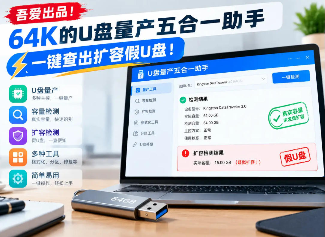 吾爱出品！64K的U盘量产五合一助手，一键查出扩容假U盘！-星火轻创