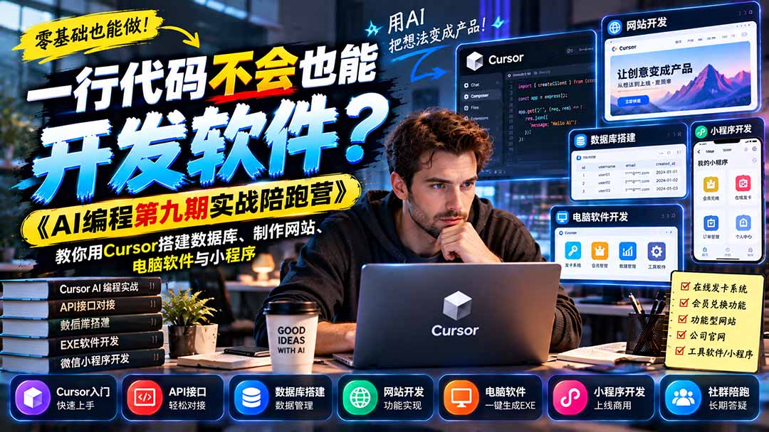 一行代码不会也能开发软件？《AI编程第九期实战陪跑营》教你用Cursor搭建数据库、制作网站、电脑软件与小程序-星火轻创