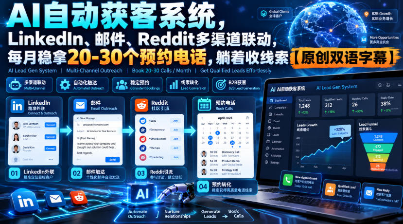 【无水印】AI自动获客系统，LinkedIn、邮件、Reddit多渠道联动，每月稳拿20-30个预约电话，躺着收线索【原创双语字幕】-星火轻创