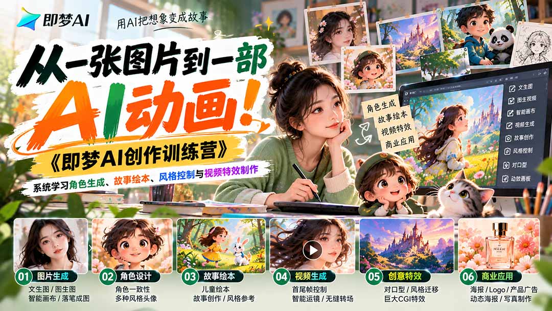 【无水印】从一张图片到一部AI动画！《即梦AI创作训练营》系统学习角色生成、故事绘本、风格控制与视频特效制作-星火轻创