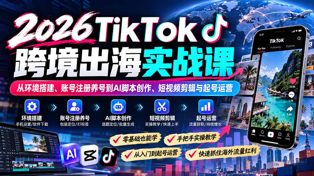 2026TikTok跨境出海实战课：从环境搭建、账号注册养号到AI脚本创作、短视频剪辑与起号运营-星火轻创