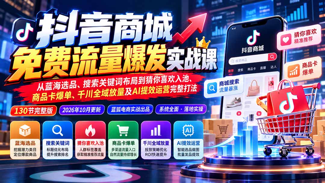 抖店城免费流量爆发实战-更新：蓝海选品、搜索关键词布局到猜你喜欢入池、商品卡爆单、千川全域放量及AI提效完整打法-星火轻创