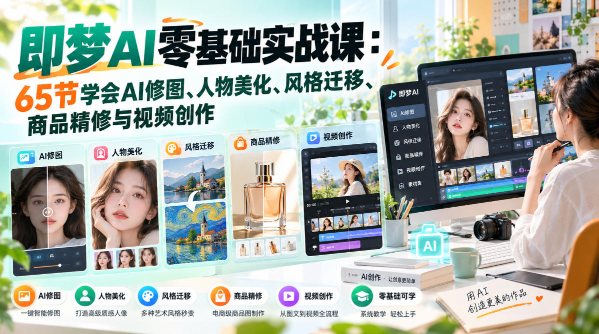 即梦AI零基础实战课：65节学会AI修图、人物美化、风格迁移、商品精修与视频创作-星火轻创