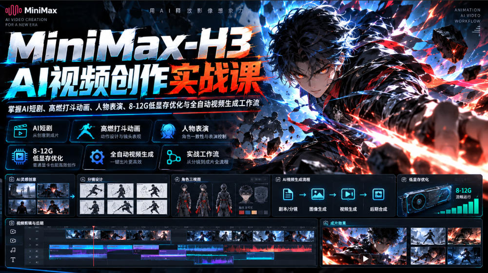 MiniMax-H3 AI视频创作实战课，掌握AI短剧、高燃打斗动画、人物表演、8-12G低显存优化与全自动视频生成工作流-星火轻创