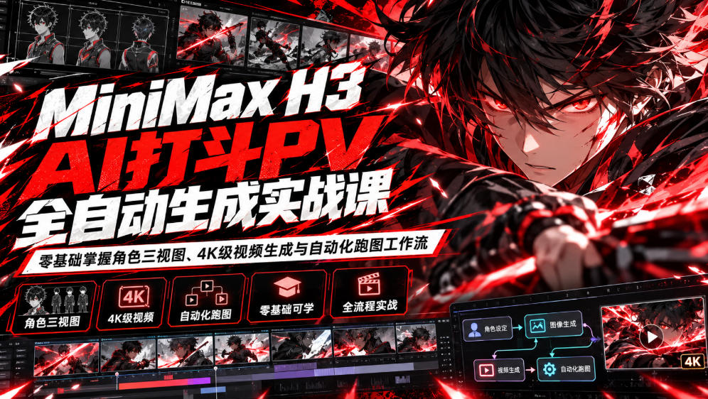 MiniMax H3 AI打斗PV全自动生成实战课：零基础掌握角色三视图、4K级视频生成与自动化跑图工作流-星火轻创