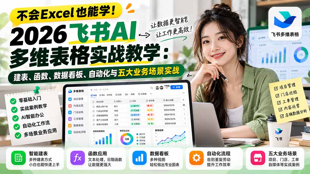 不会Excel也能学！2026飞书AI多维表格实战教学：建表、函数、数据看板、自动化与五大业务场景实战-星火轻创