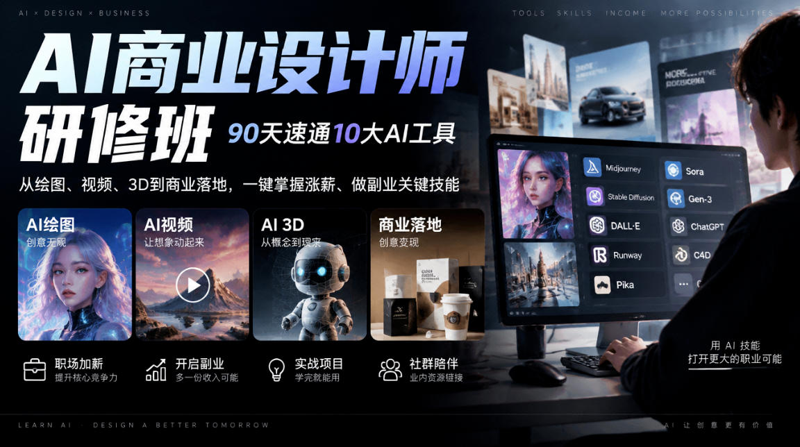 AI商业设计师研修班，90天速通10大AI工具，从绘图、视频、3D到商业落地，一键掌握涨薪、做副业关键技能-星火轻创