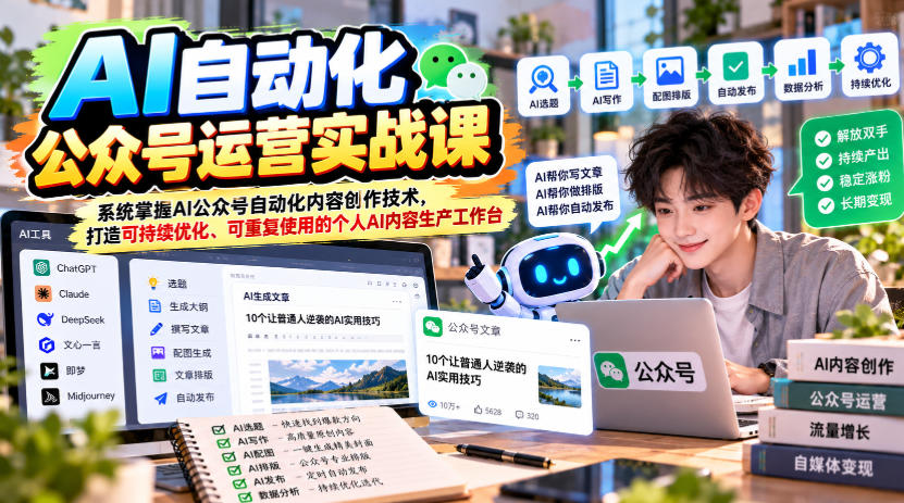 AI自动化公众号运营实战课，系统掌握AI公众号自动化内容创作技术，打造可持续优化、可重复使用的个人AI内容生产工作台-星火轻创