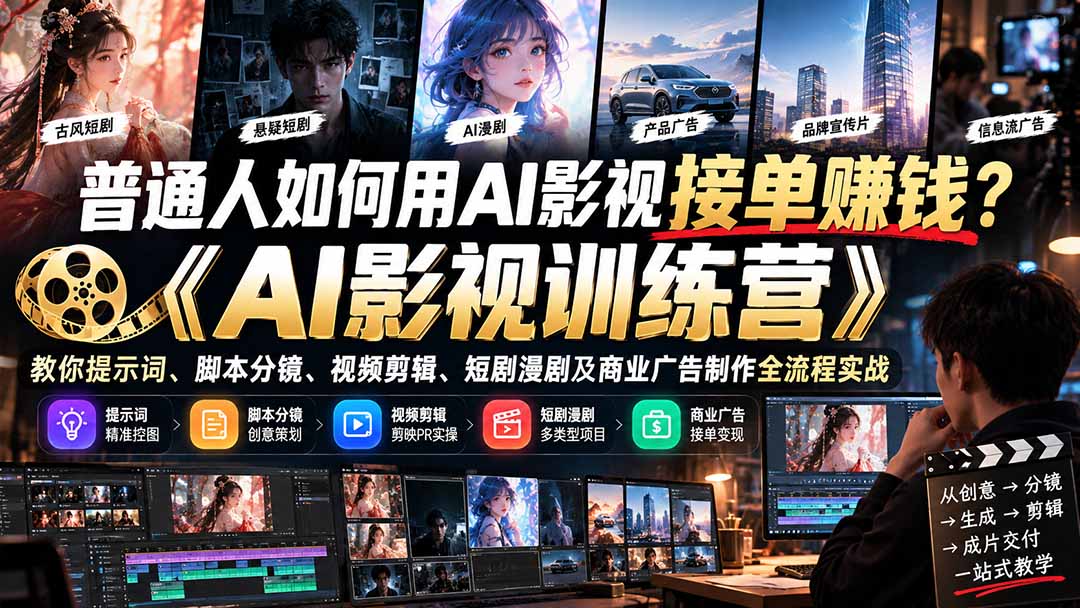 普通人如何用AI影视接单赚钱？《AI影视训练营》教你提示词、脚本分镜、视频剪辑、短剧漫剧及商业广告制作全流程实战-星火轻创