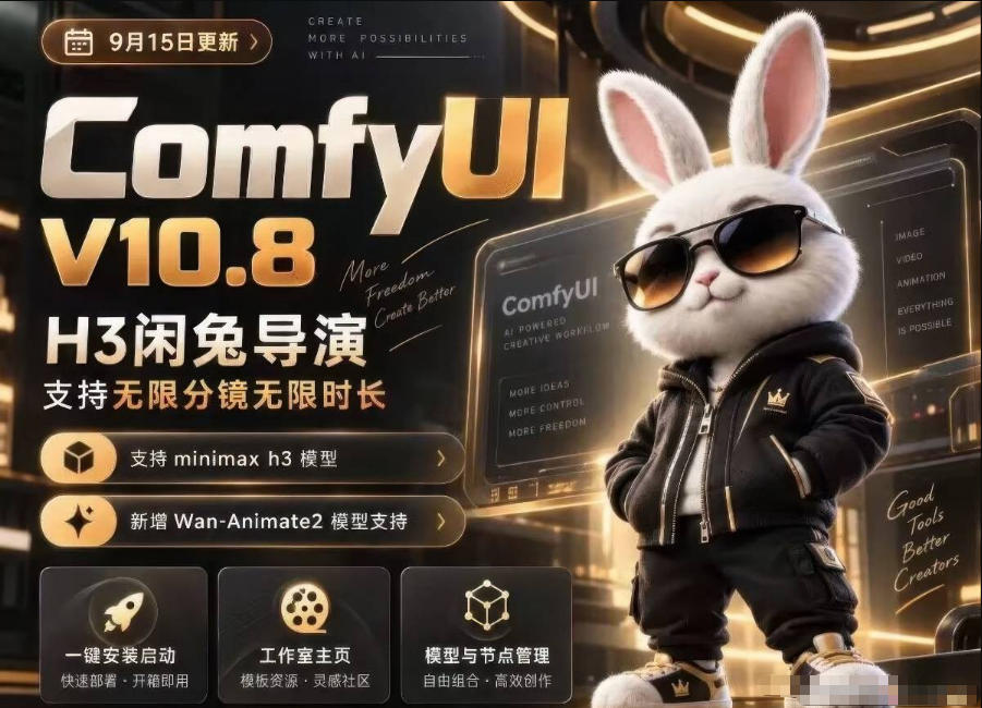ComfyUI V10.8中文整合包，H3闲兔导演，支持无限分镜无限时长，1000+工作流，动作迁移，角色替换，视频一致性，口型同步，低显存可用-星火轻创