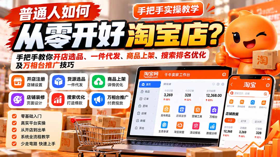 普通人如何从零开好淘宝店？手把手教你开店选品、一件代发、商品上架、搜索排名优化及万相台推广技巧-星火轻创