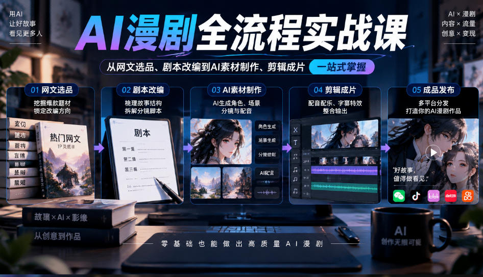 AI漫剧全流程实战课，覆盖从网文选品、剧本改编到AI素材制作、剪辑成片的完整链路-星火轻创