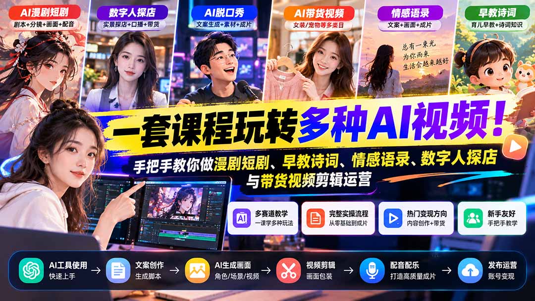 【无水印】一套课程玩转多种AI视频！手把手教你做漫剧短剧、早教诗词、情感语录、数字人探店与带货视频剪辑运营-星火轻创