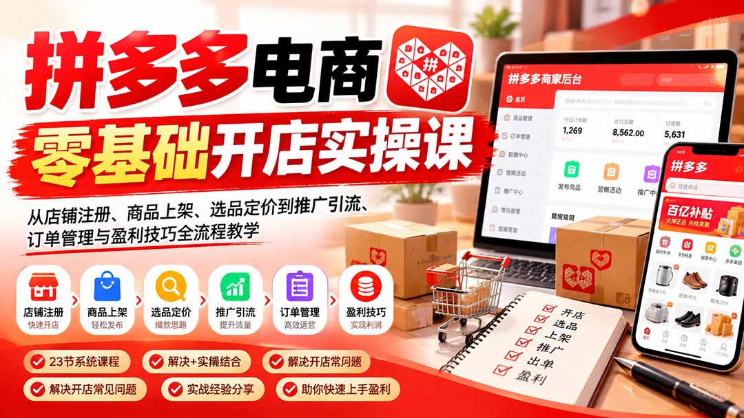 拼多多电商零基础开店实操课：从店铺注册、商品上架、选品定价到推广引流、订单管理与盈利技巧全流程教学-星火轻创
