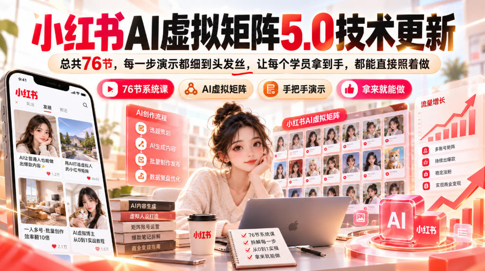 小红书AI虚拟矩阵5.0技术更新，总共76节，每一步演示都细到头发丝，让每个学员拿到手，都能直接照着做-星火轻创