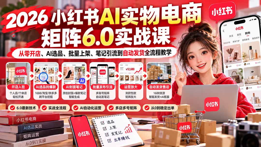 2026小红书AI实物电商矩阵6.0实战课：从零开店、AI选品、批量上架、笔记引流到自动发货全流程教学-星火轻创