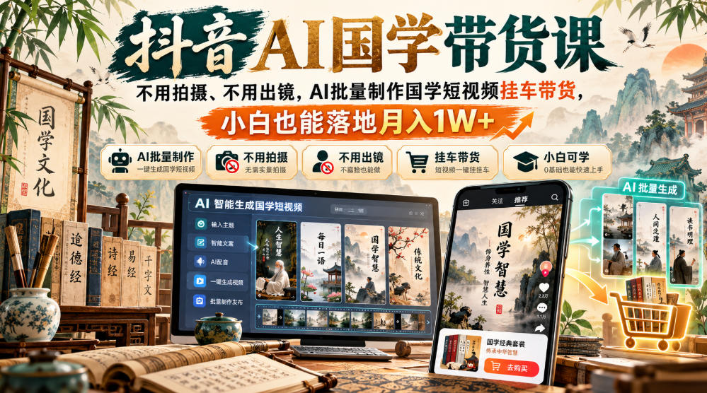 抖音AI国学带货课，不用拍摄、不用出镜，AI批量制作国学短视频挂车带货，小白也能落地月入1W+-星火轻创
