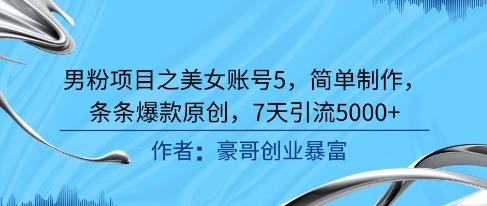 男粉项目之美女账号5，简单制作，条条爆款原创，7天引流5000+-星火轻创