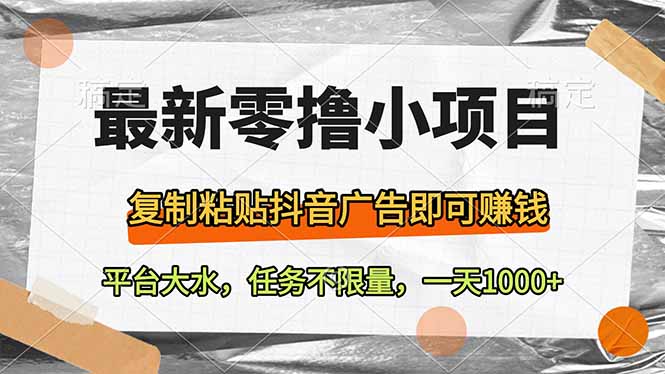 最新零撸小项目，复制粘贴抖音广告即可赚钱，平台大水，任务不限量，一…-星火轻创