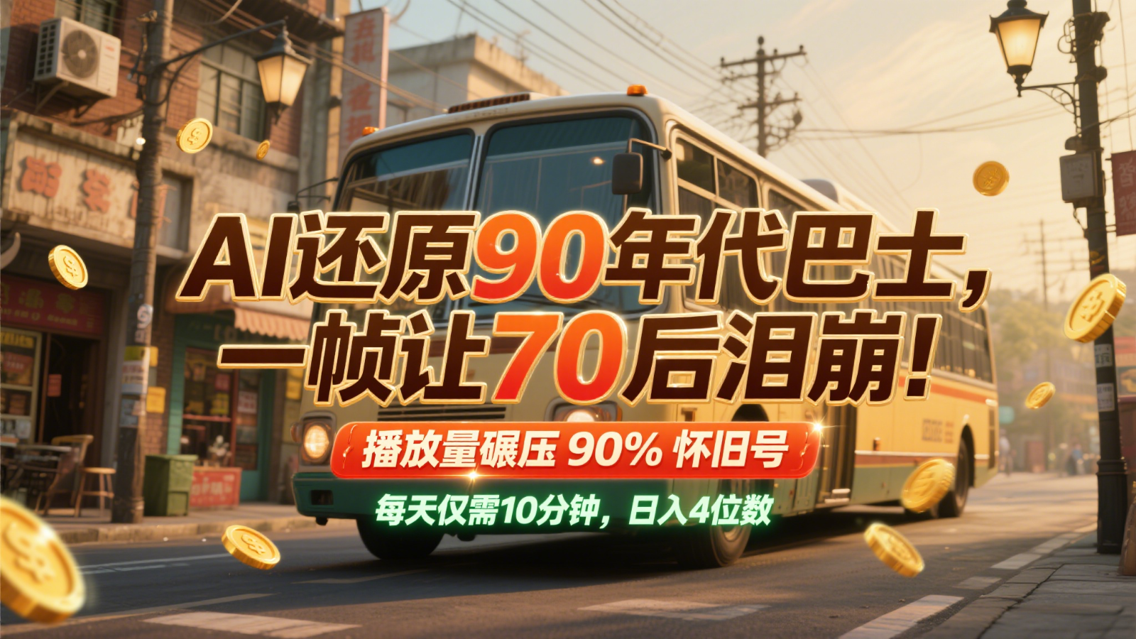 AI还原90年代巴士,一帧让70后泪崩!播放量碾压90%怀旧号,每天10分钟,日入4位数-星火轻创